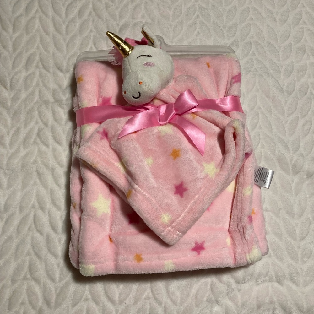 Baby girl pink blanket size 30x36 with security blanket.